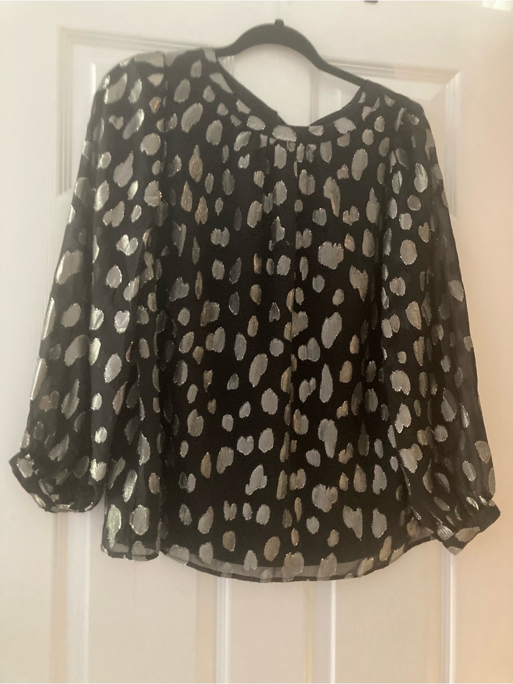 Talbots Black Blouse with Silver Metallic Spot Print